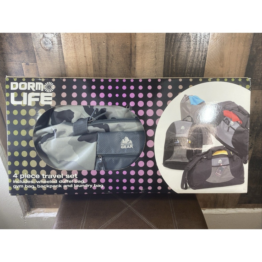 Dorm Life 4-Piece Travel Set Gray Camo Wheeled Duffel Backpack Gym Laundry Bag